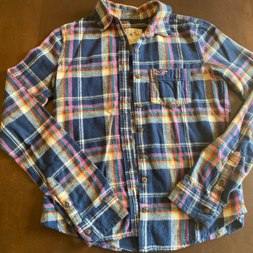 Hollister Navy Blue Long Sleeve Flannel Top Sz XS - Picture 4 of 9